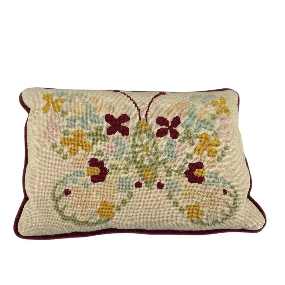 Vintage Needlepoint Charming Butterfly Throw Pillow Multicolor Beige Velvet Back